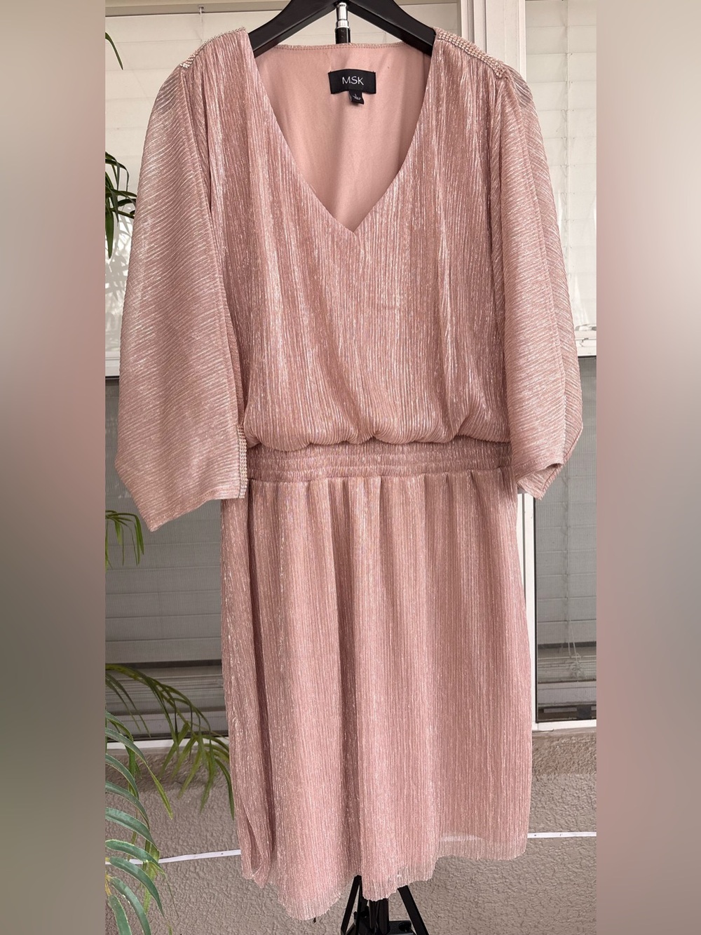 MSK Rose Gold Metallic V-Neck Long Sleeve Midi Dress